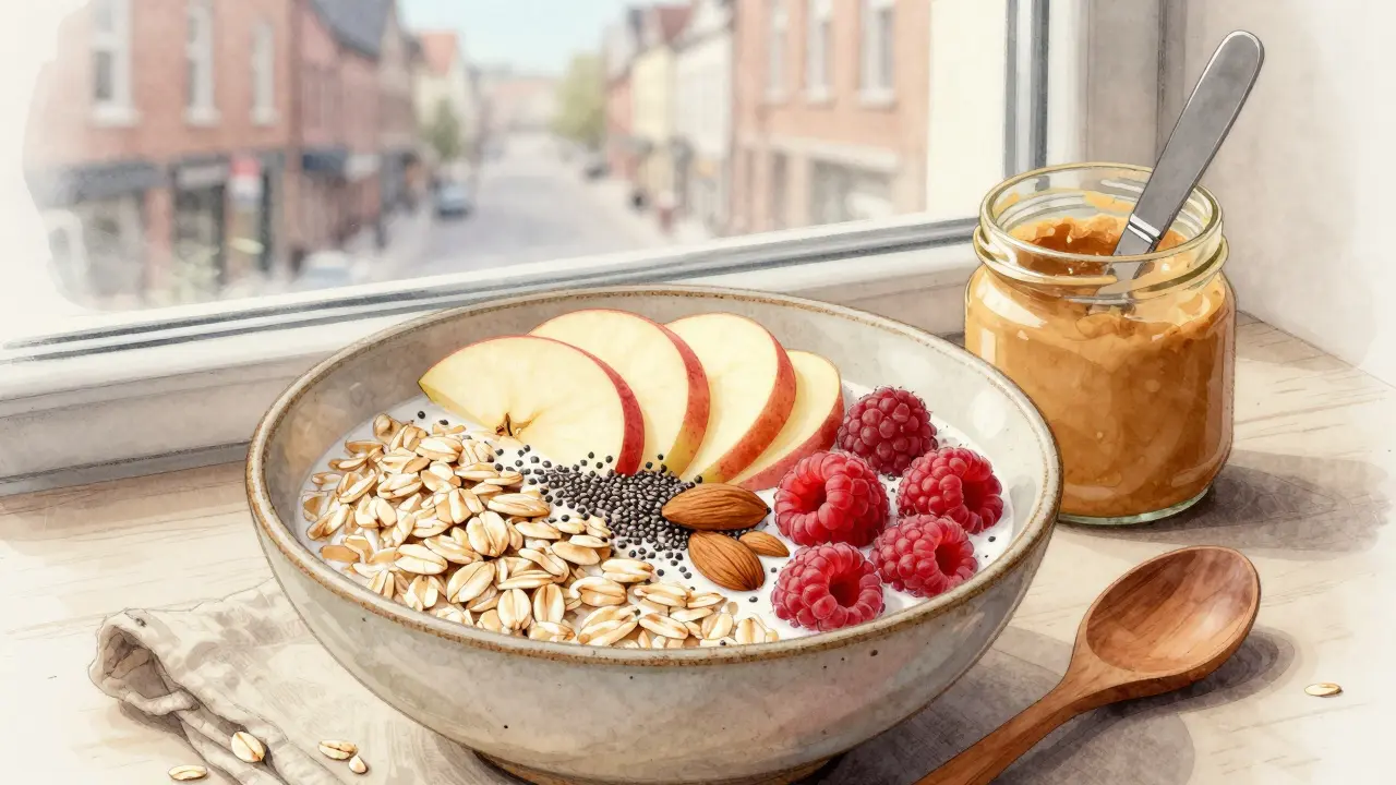Veganes Frühstücksschüssel mit Haferflocken, Apfel und Chiasamen in keramischer Schale.