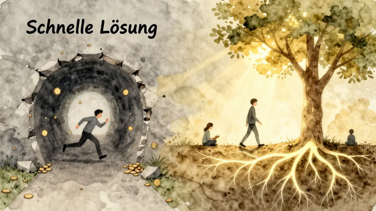 Zwei Wege: einer in Dunkelheit mit zusammenbrechenden Versprechen, der andere in Licht mit täglichen kleinen Schritten.