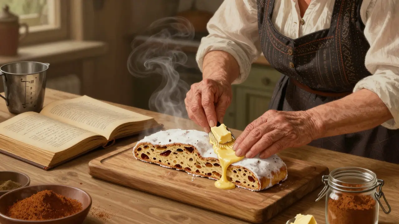 Ältere Frau streicht Butter über einen warmen Dresdner Stollen in traditioneller Küche mit altem Kochbuch.