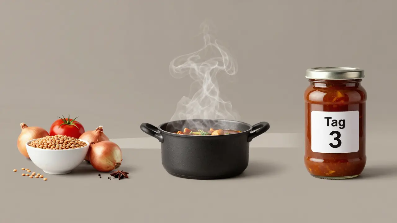 Drei Szenen zeigen die Entwicklung eines Eintopfs: von frischen Zutaten über köchelnden Topf bis zum aromatischen, abgefüllten Gericht.