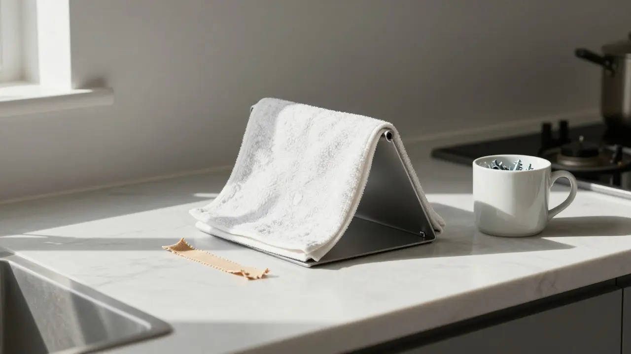 Ein Kleiderbügel hält ein Handtuch sicher, neben einem Kaffeebecher mit Schrauben und einem Klettverschluss.