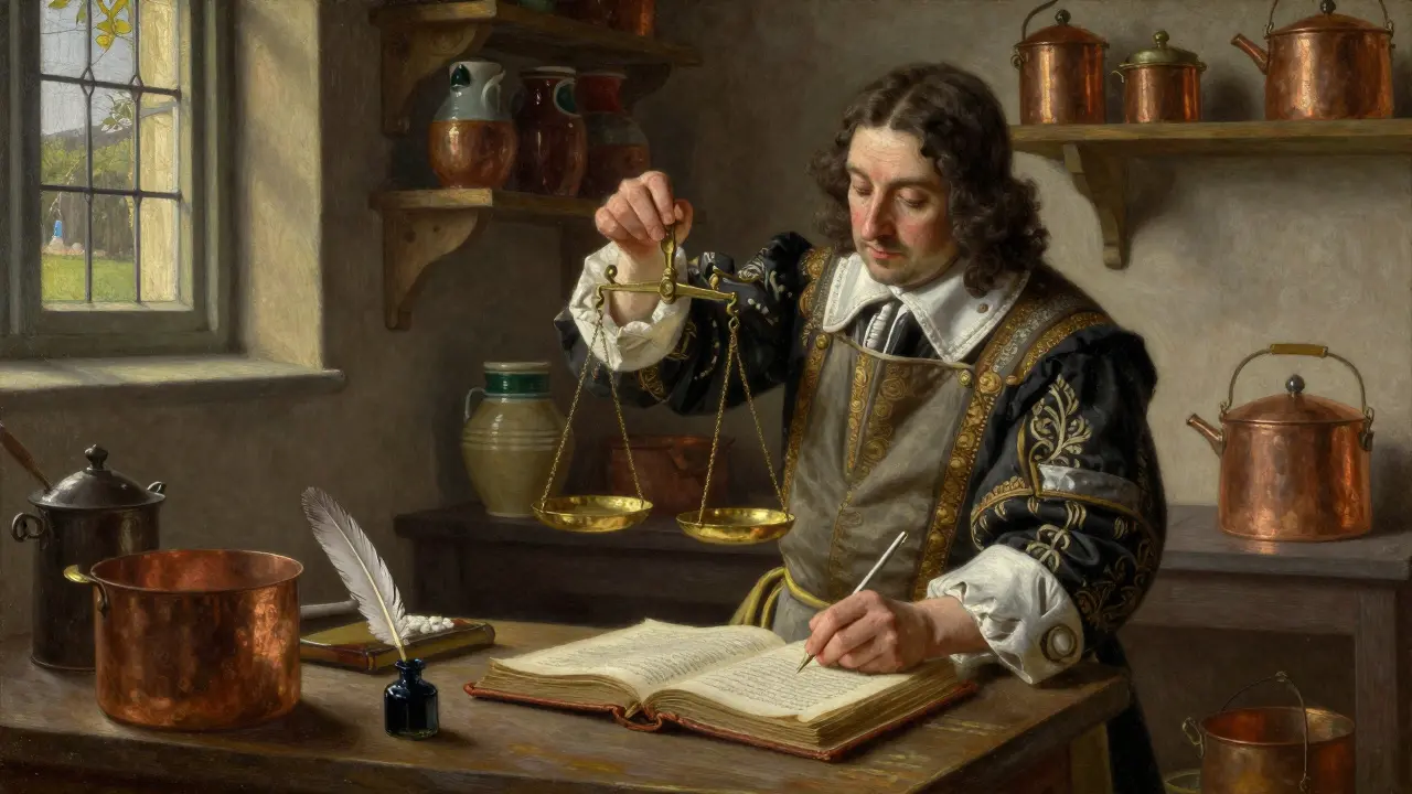 Ein Koch im 17. Jahrhundert misst Zutaten genau und notiert ein Rezept in einem alten Kochbuch.