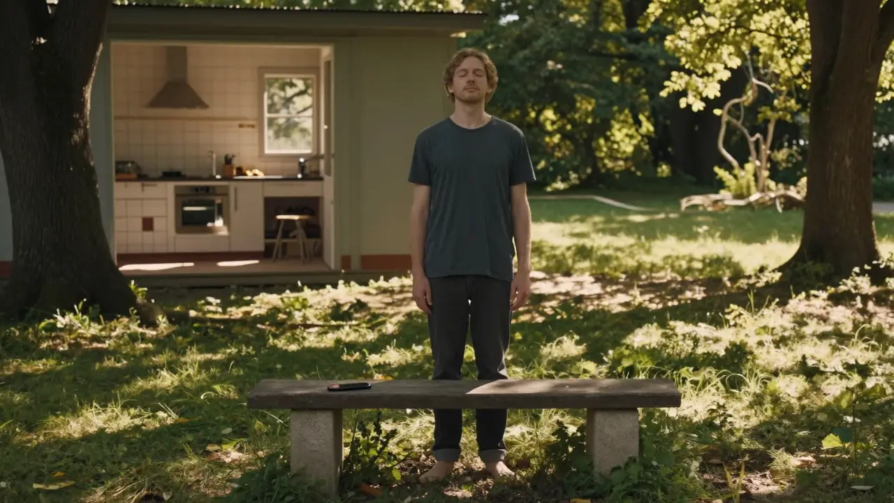 Ein Mann macht eine Pause im Park, Handy auf der Bank, Sonnenlicht durch Bäume.