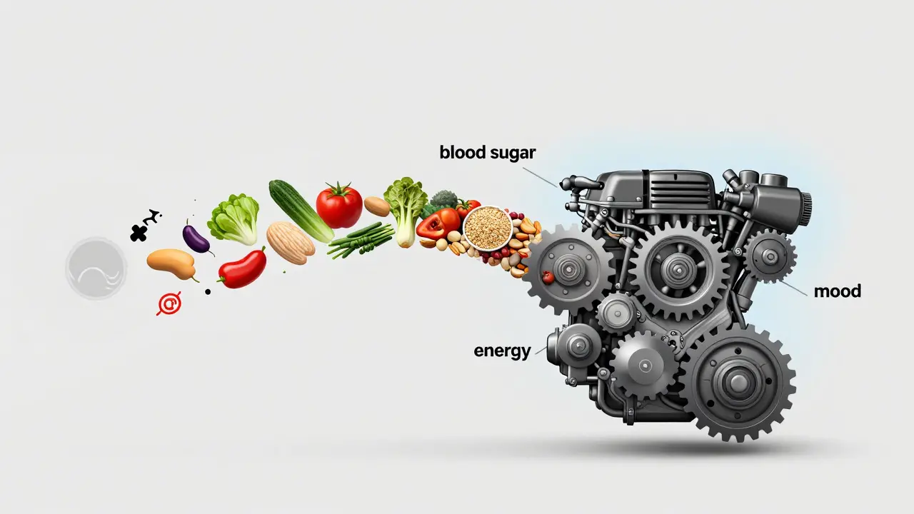 Ein menschlicher Körper als gut abgestimmter Motor, der mit gesunder Nahrung versorgt wird.