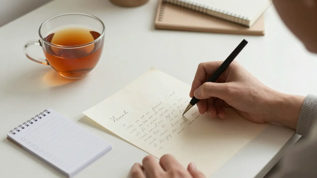 Eine Hand schreibt einen Brief am Schreibtisch, eine erledigte Aufgabe ist auf einer Liste abgehakt.