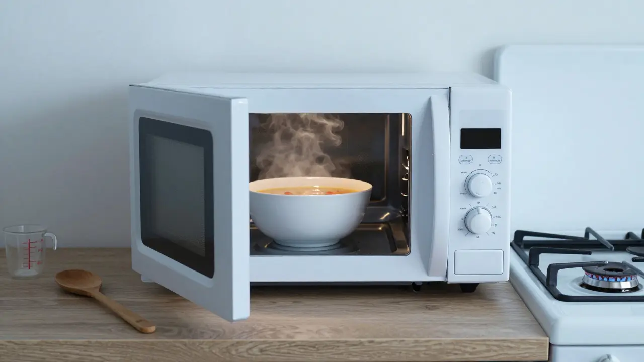 Eine Mikrowelle mit dampfender Suppe neben einem Gasherd – beide Methoden des Kochens.