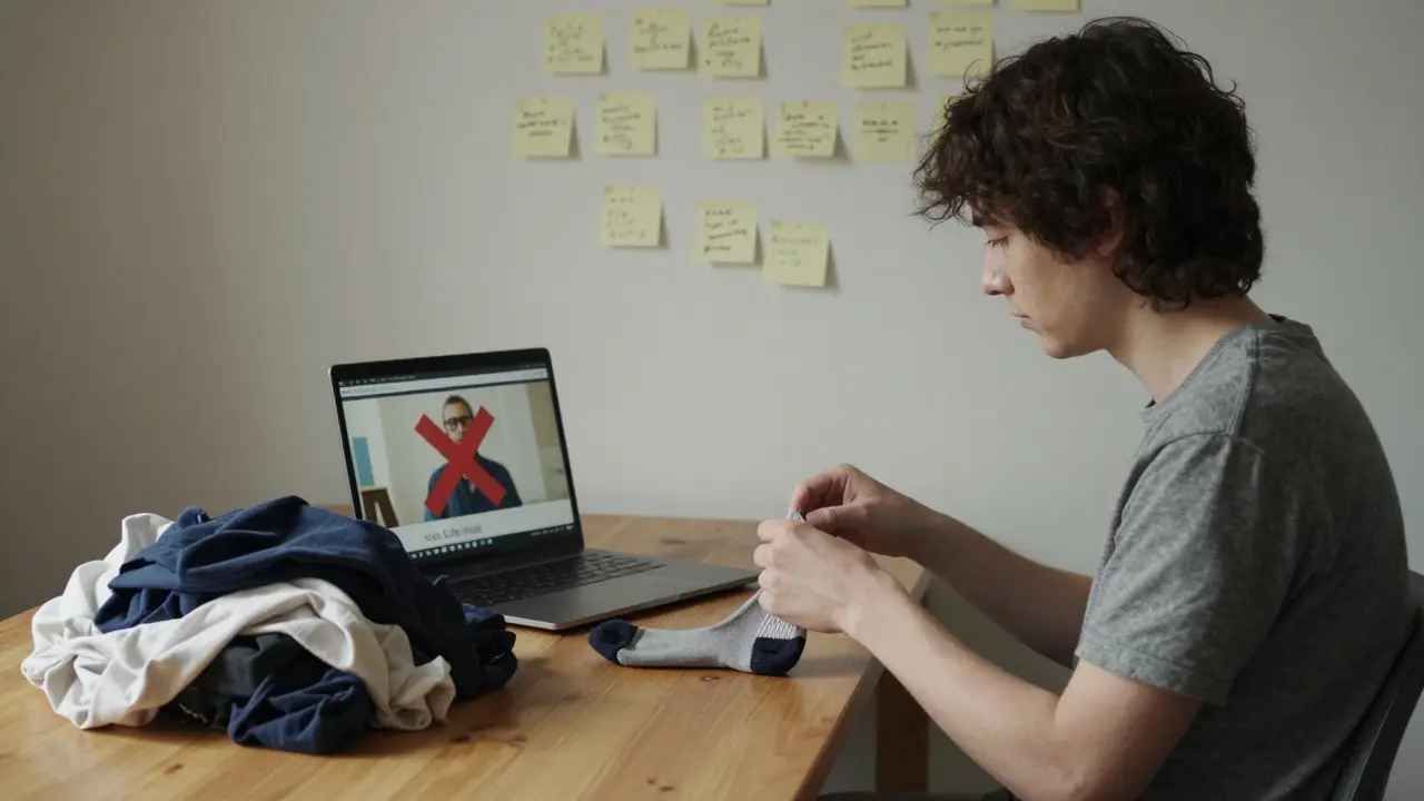 Eine Person denkt nach, während sie eine alte Sockenbänder betrachtet — hinter ihr ein Laptop mit einem abgelehnten Life-Hack-Video.