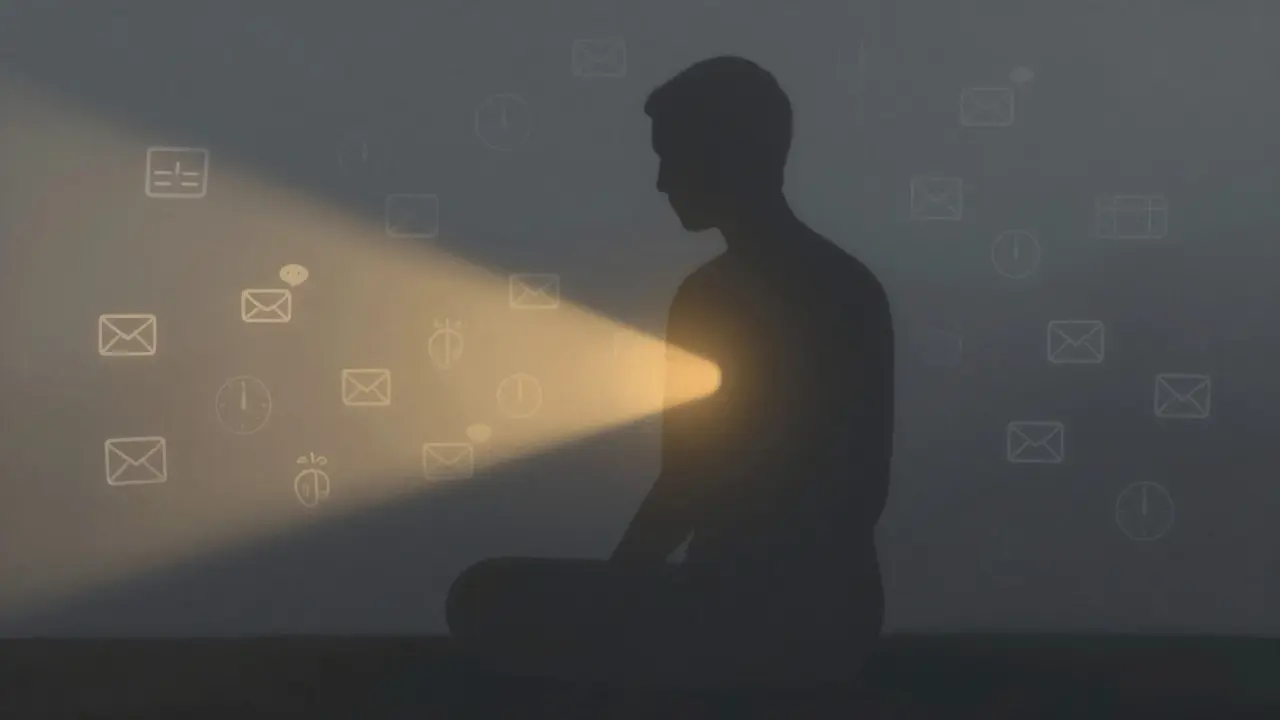 Eine Silhouette in Dunkelheit, digitale Ablenkungen lösen sich auf, während Licht der Ruhe sie umgibt.