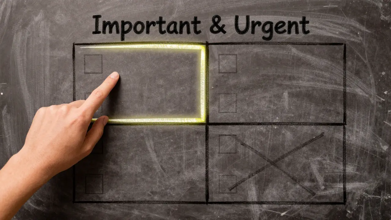 Eine Tafel mit der Eisenhower-Matrix, eine Aufgabe hervorgehoben.