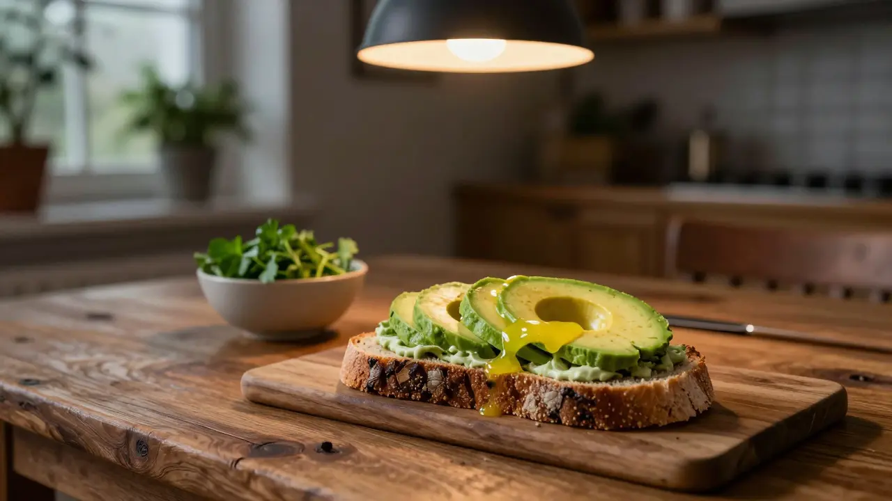 Eiweißbrot mit Avocado und Zitronensaft auf holziger Oberfläche