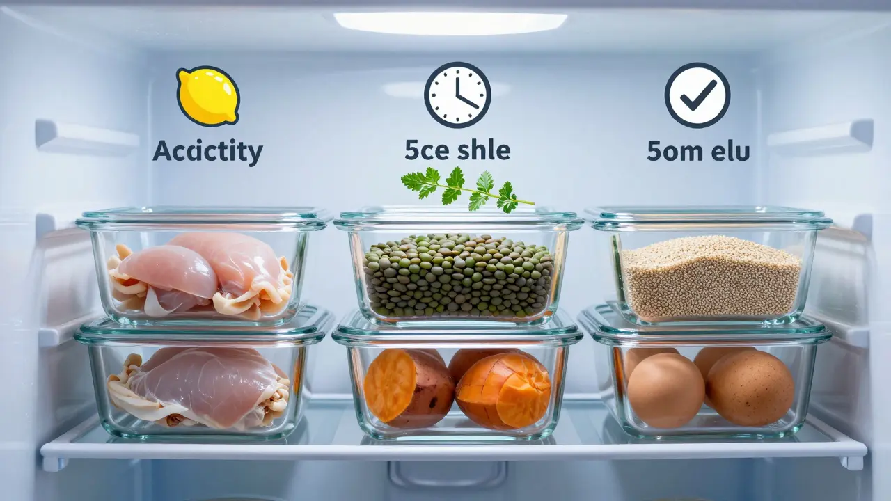 Fünf behandelte Lebensmittelbehälter im Kühlschrank mit Symbolen für Haltbarkeit und Frische.