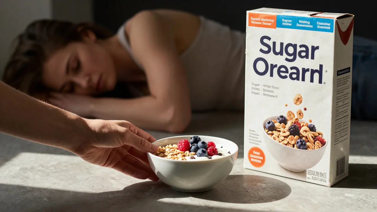 Gesundes Frühstück neben ungesunden Optionen wie Zucker und Weißmehl – eine Entscheidung für den Darm