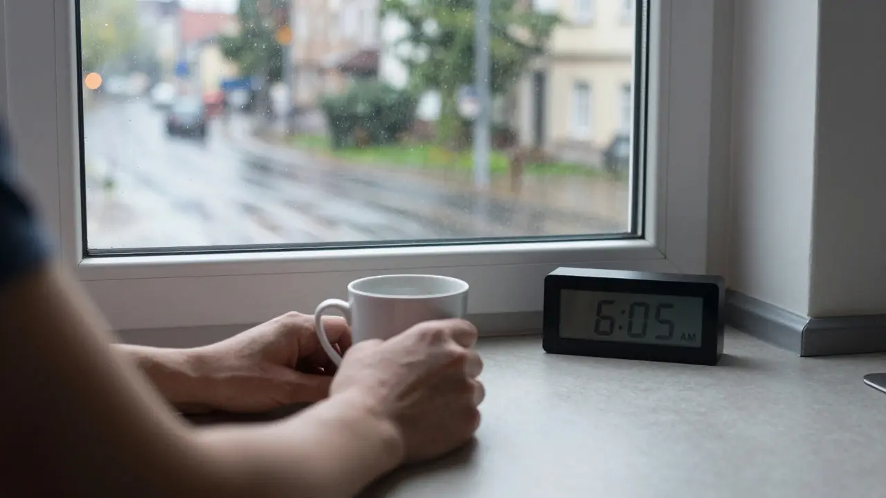 Hände auf einer Küchentheke neben einer leeren Kaffeetasse, Regen fällt draußen, es ist früh am Morgen.