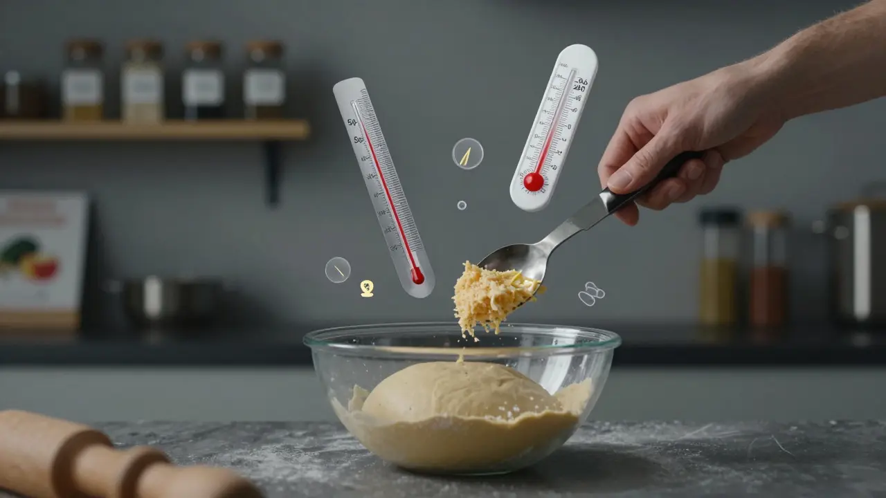 Hände mit Messlöffel und Messer über Teig, umgeben von schwebenden Präzisionsangaben wie Gramm und Temperatur.