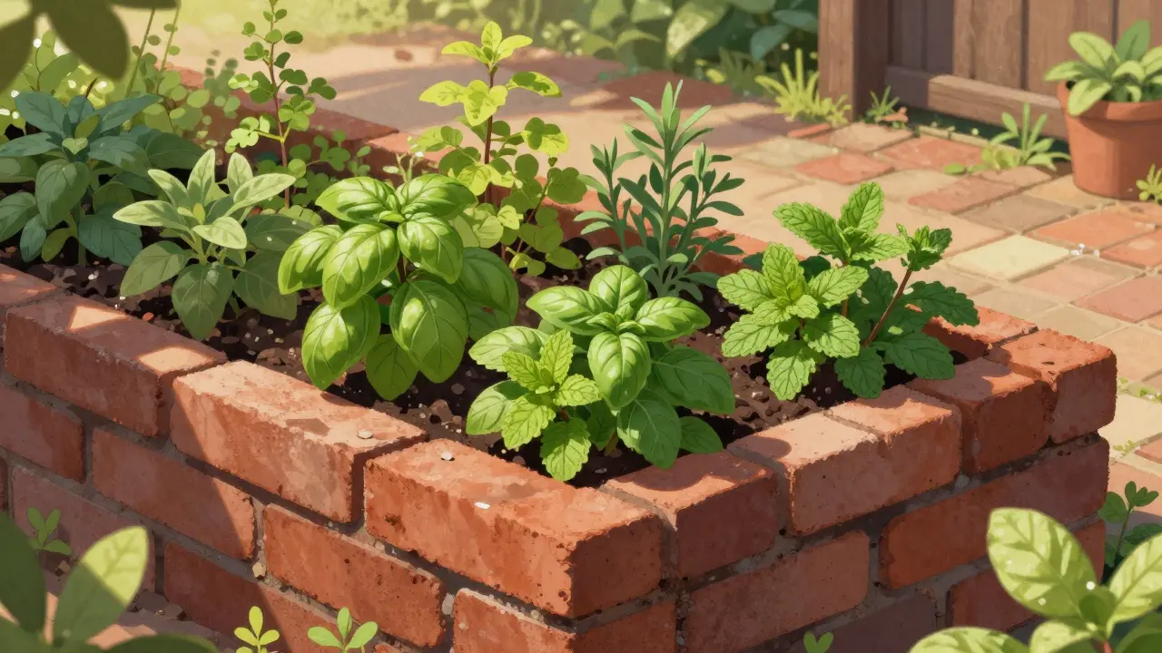 Hochbeet aus Ziegelsteinen mit Kräutern in einem deutschen Garten