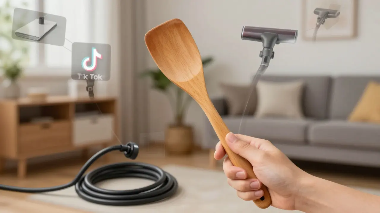 Holzspatel und aufgerolltes Kabel vor verschwommenen TikTok-Video-Überlagerungen in einer deutschen Wohnküche.