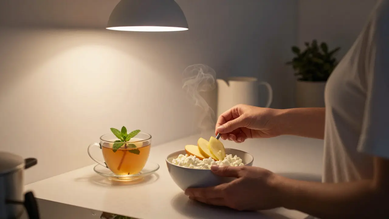 Hüttenkäse mit Apfelscheiben und eine Tasse Kräutertee in einem ruhigen Abendlicht.