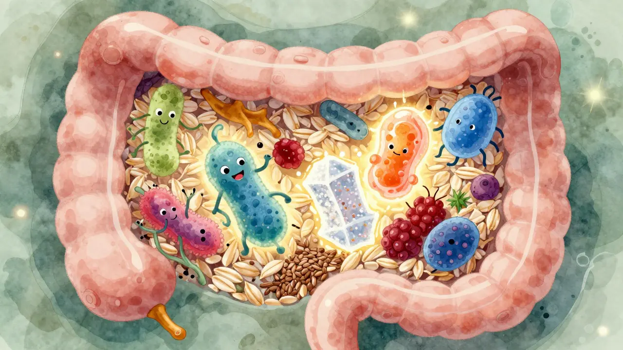 Illustration einer gesunden Darmflora, die von Ballaststoffen und Probiotika genährt wird