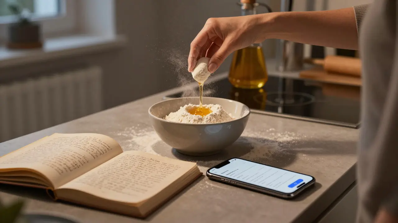 In einer modernen Küche liegt ein 120 Jahre altes Rezept neben einem Smartphone mit digitaler Anleitung.