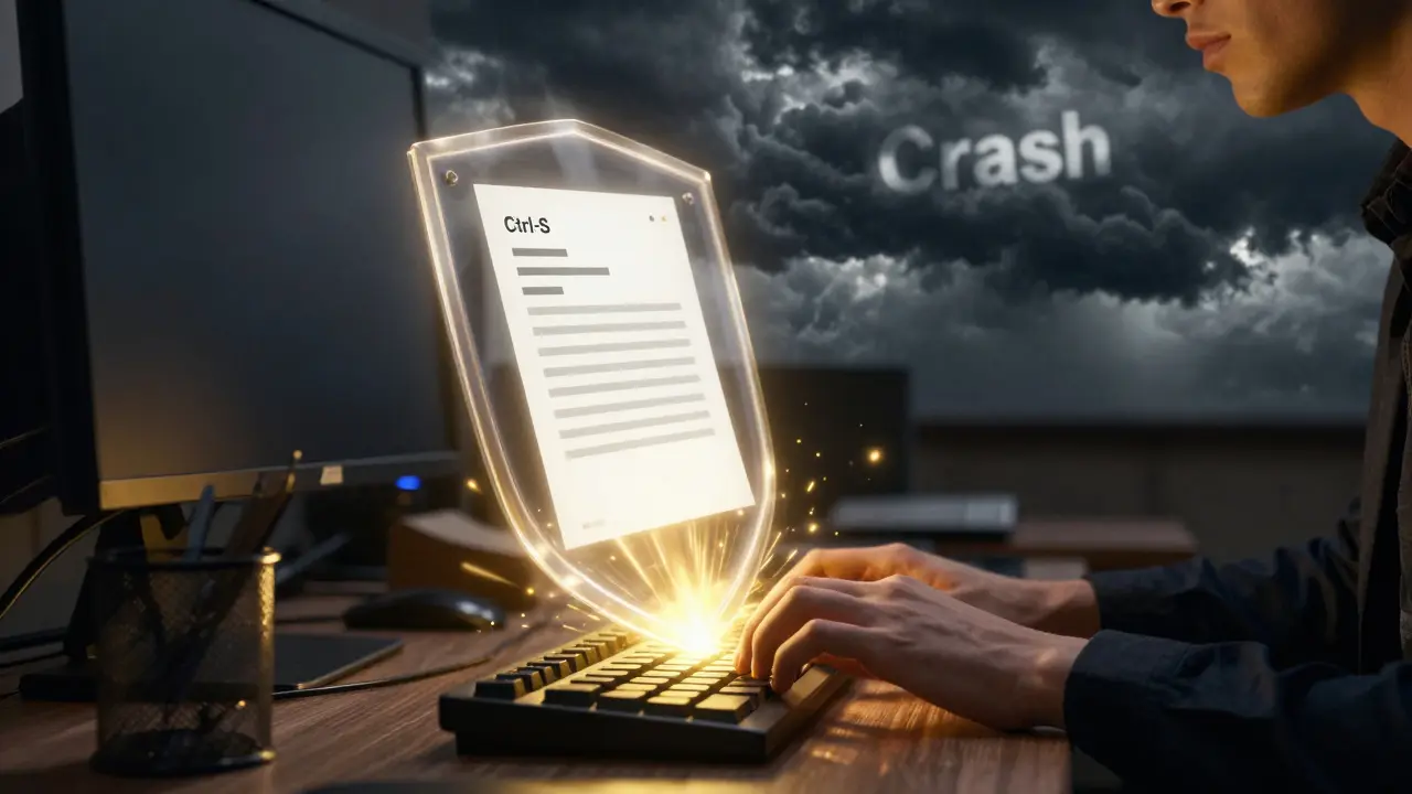 Jemand drückt Ctrl+S, während ein goldenes Schild vor einem drohenden Absturz schützt — eine gerettete Datei schwebt sicher in der Luft.