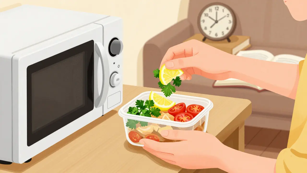 Jemand erwärmt vorgekochtes Essen und fügt frische Kräuter und Zitrone hinzu, abends in gemütlicher Umgebung.