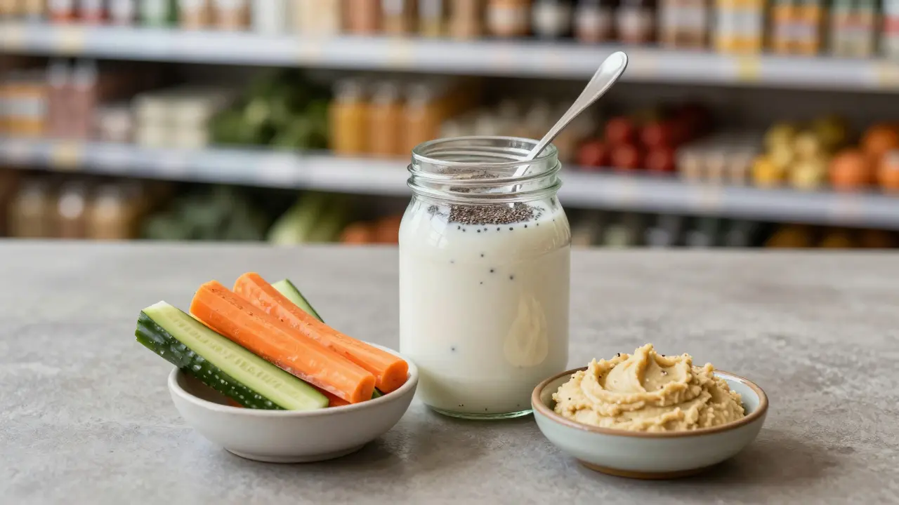 Kefir mit Chiasamen und Gemüsesticks mit Hummus in einer Schüssel