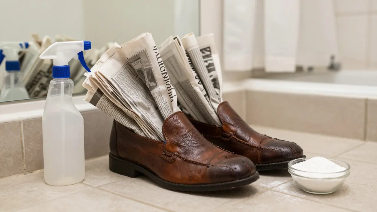 Nasse Schuhe mit Zeitungspapier gefüllt, neben einer Sprühflasche und Backpulver-Schale auf dem Badezimmerboden.