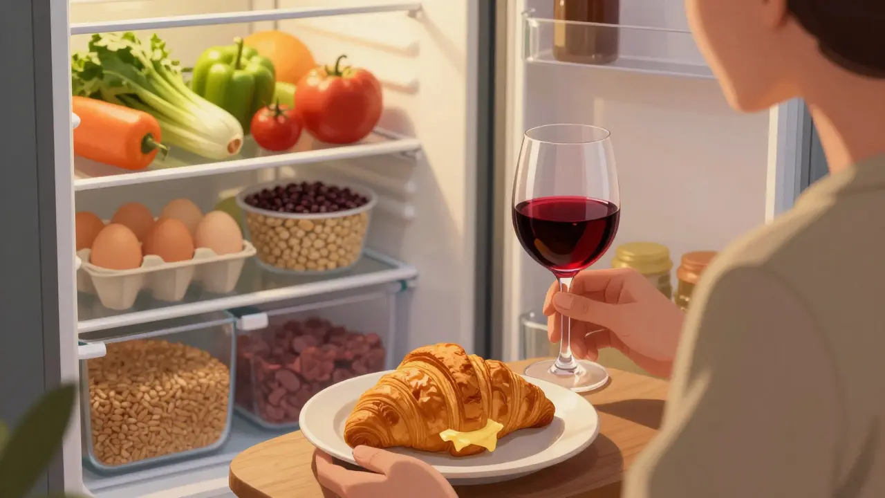 Person genießt Brunch mit Wein und Croissant, während im Hintergrund frische Zutaten im Kühlschrank sichtbar sind.