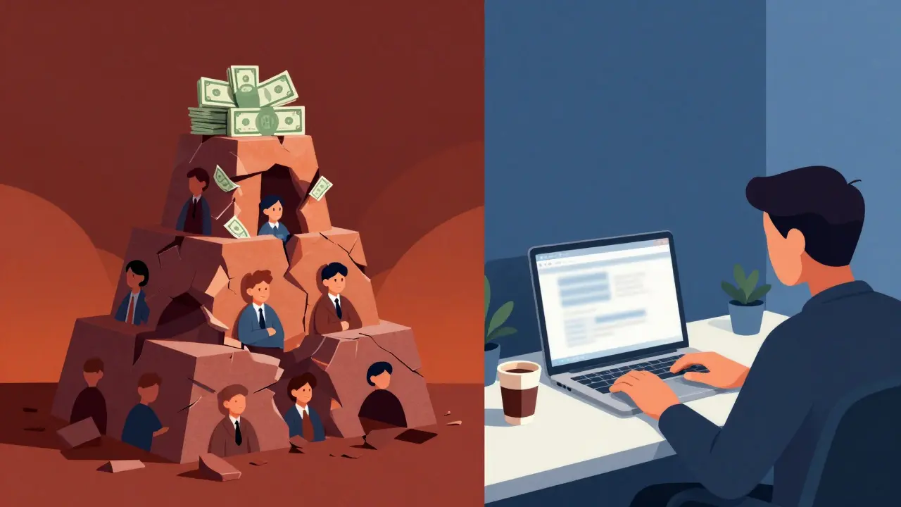 Pyramiden-Schwindel kollabiert vs. Freelancer auf stabiler Arbeitsstation.