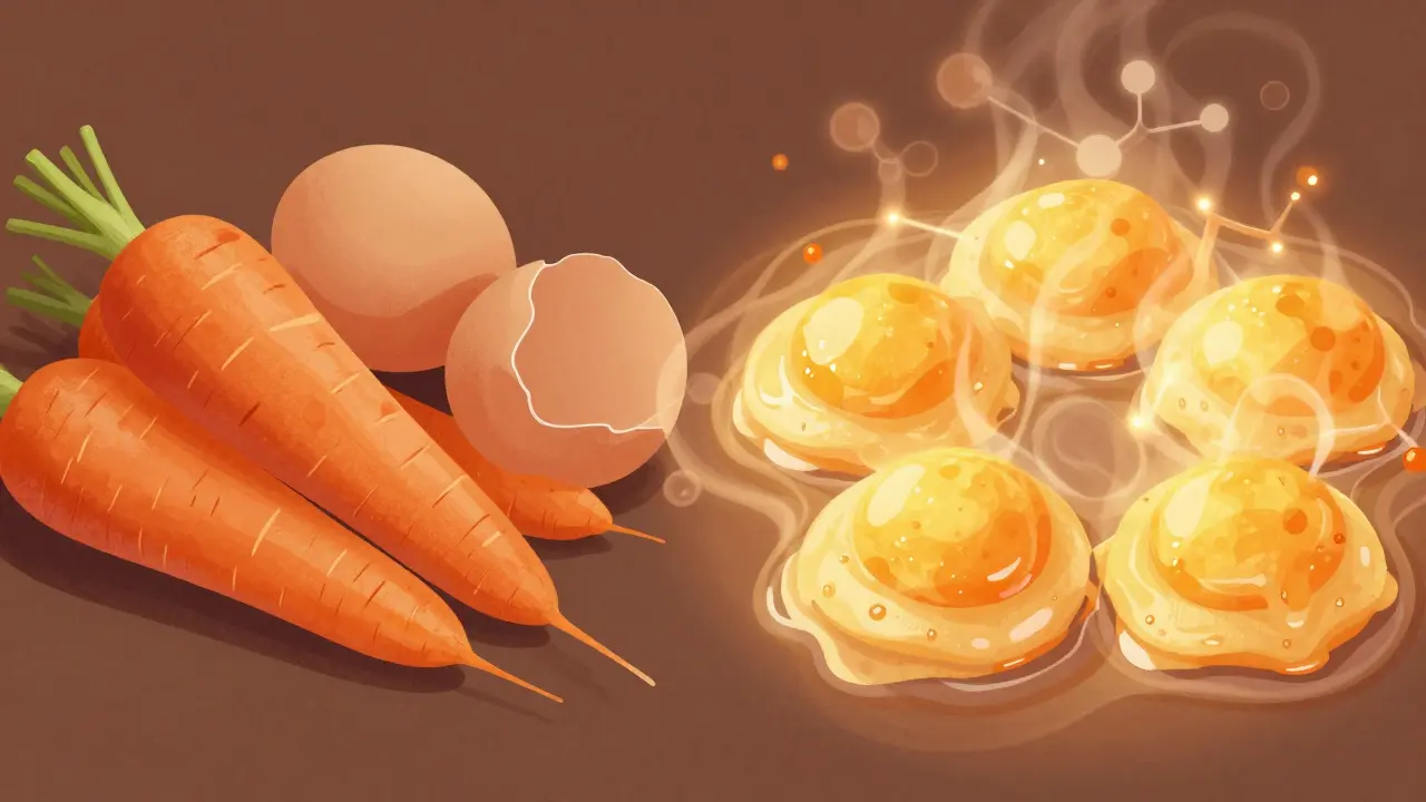Rohes Gemüse und Ei verwandeln sich durch Hitze in weiche, goldene Zutaten.