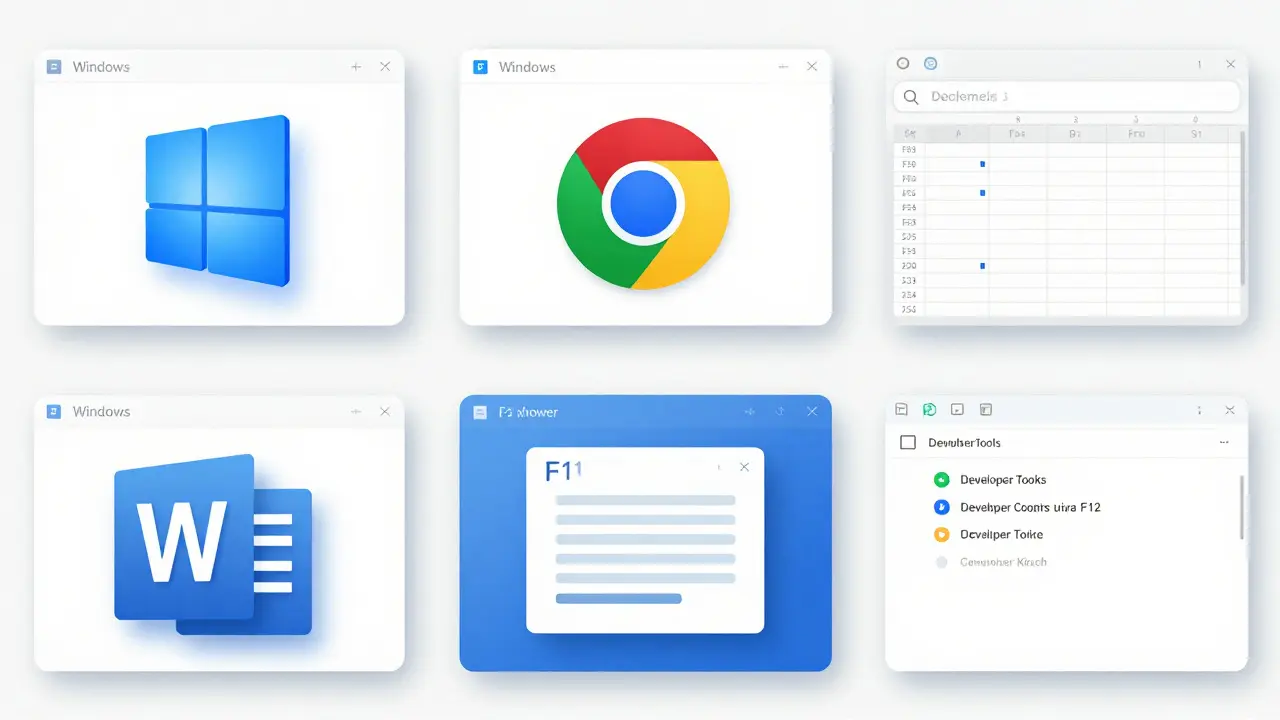 Sechs Anwendungen auf einem Bildschirm, jeweils mit einer Funktionstaste aktiv: F2, F3, F9, F7, F11, F12.