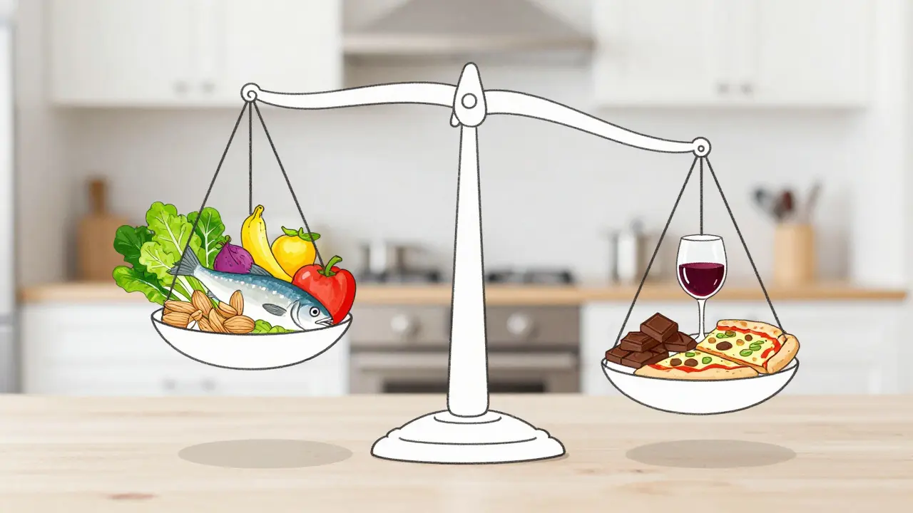 Waage mit gesunden Lebensmitteln auf einer Seite und kleinen Genussportionen auf der anderen — im Gleichgewicht.