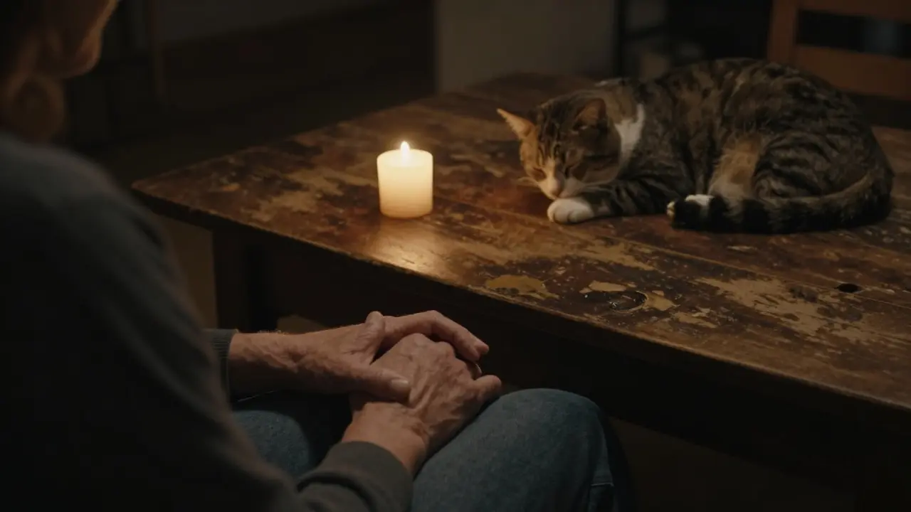 Zwei Hände halten sich fest auf einem Holztisch, eine Kerze brennt sanft, eine Katze liegt daneben.