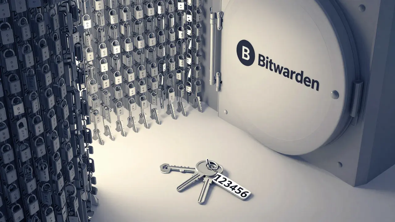 A vault of secure keys beside a cracked '123456' key on the ground, symbolizing digital security vs. risk.