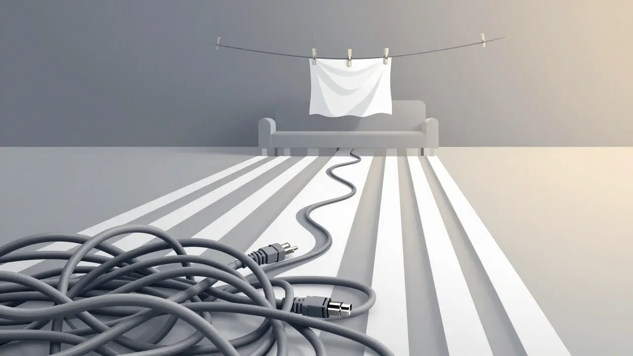 Abstrakte Darstellung von verwickelten Kabeln, die sich zu geraden Linien auflösen