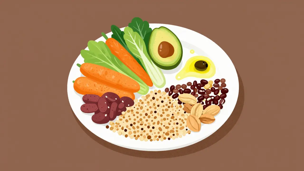 Ein ausgewogenes Essen mit Gemüse, Vollkorn, Proteinen und gesunden Fetten.