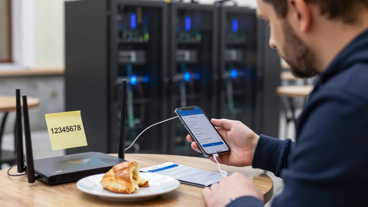 Ein deutscher Tourist in Kiew, der öffentliches Wi-Fi nutzt, während digitale Angriffe stattfinden.