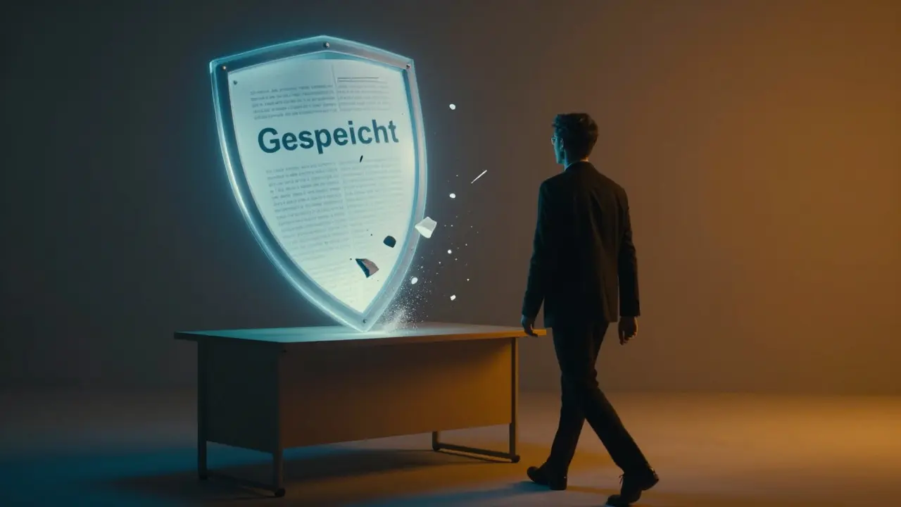 Ein Dokument verwandelt sich in einen schützenden Schild, während unsichere Texte verschwinden.