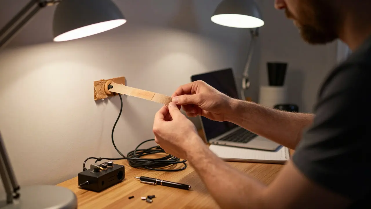 Ein Mann ordnet Kabel mit alten Klettverschlüssen an der Wand, ohne Werkzeuge oder neue Materialien.