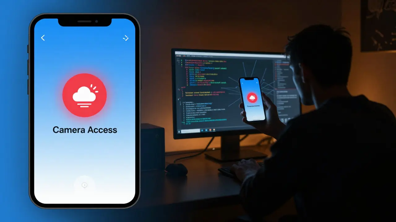 Ein Smartphone mit verdächtiger App-Berechtigung neben einem Hacker, der Live-Bilder überwacht.