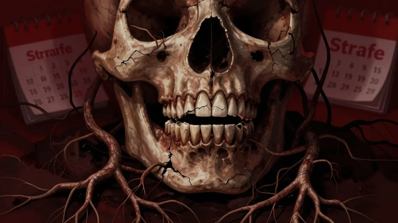 Ein verrotteter Zahn mit schwarz verfärbten Wurzeln, die sich wie Kriechpflanzen durch einen Kiefer ausbreiten.