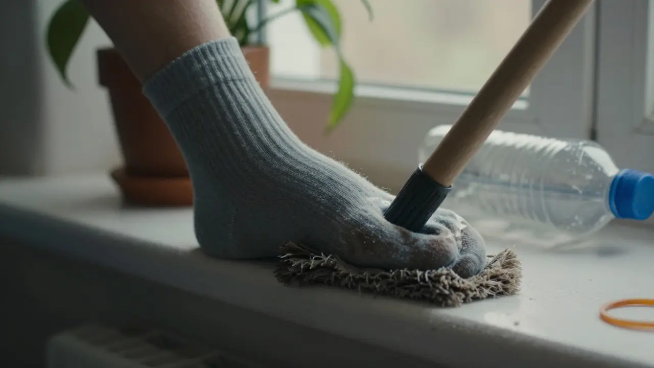 Eine alte Socke am Besenstiel wischt Staub von der Fensterbank – einfache Lösung mit Alltagsgegenständen.