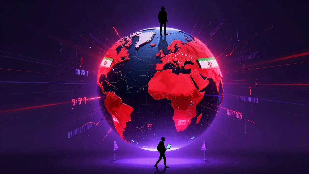 Eine digitale Weltkarte mit roten Warnzonen für Russland, Nordkorea, Iran, Venezuela und die Ukraine.