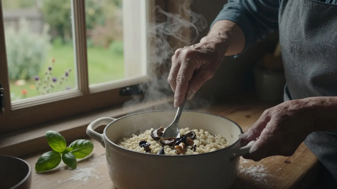 Eine Frau bereitet in einer ländlichen Küche ein Pilzrisotto mit einfachen Zutaten zu.