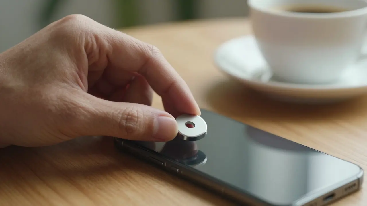 Eine Hand legt einen einfachen Kamera-Deckel über das Smartphone-Lens, Sonnenlicht fällt darauf.