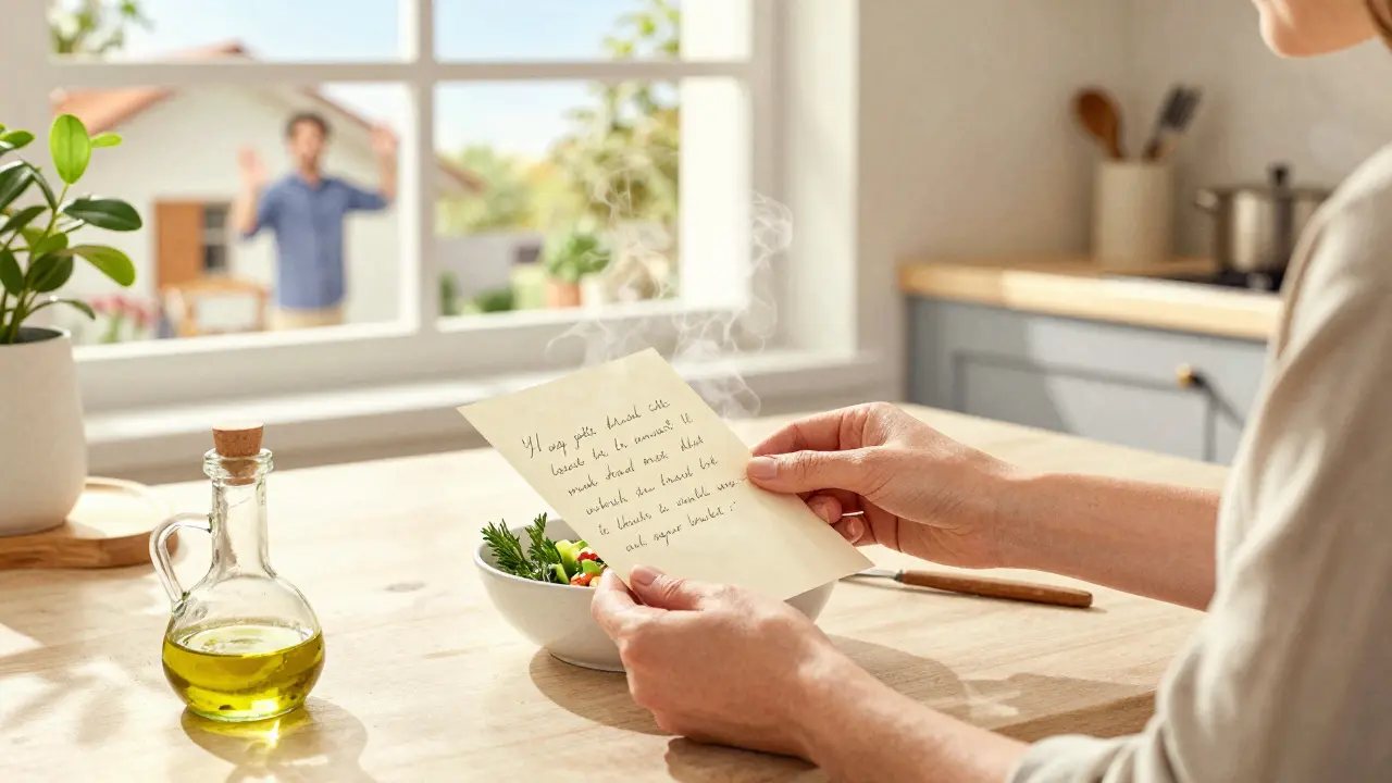 Eine Person legt einen handschriftlichen Brief neben ein gut zubereitetes Essen, warmes Licht fließt durch das Fenster.