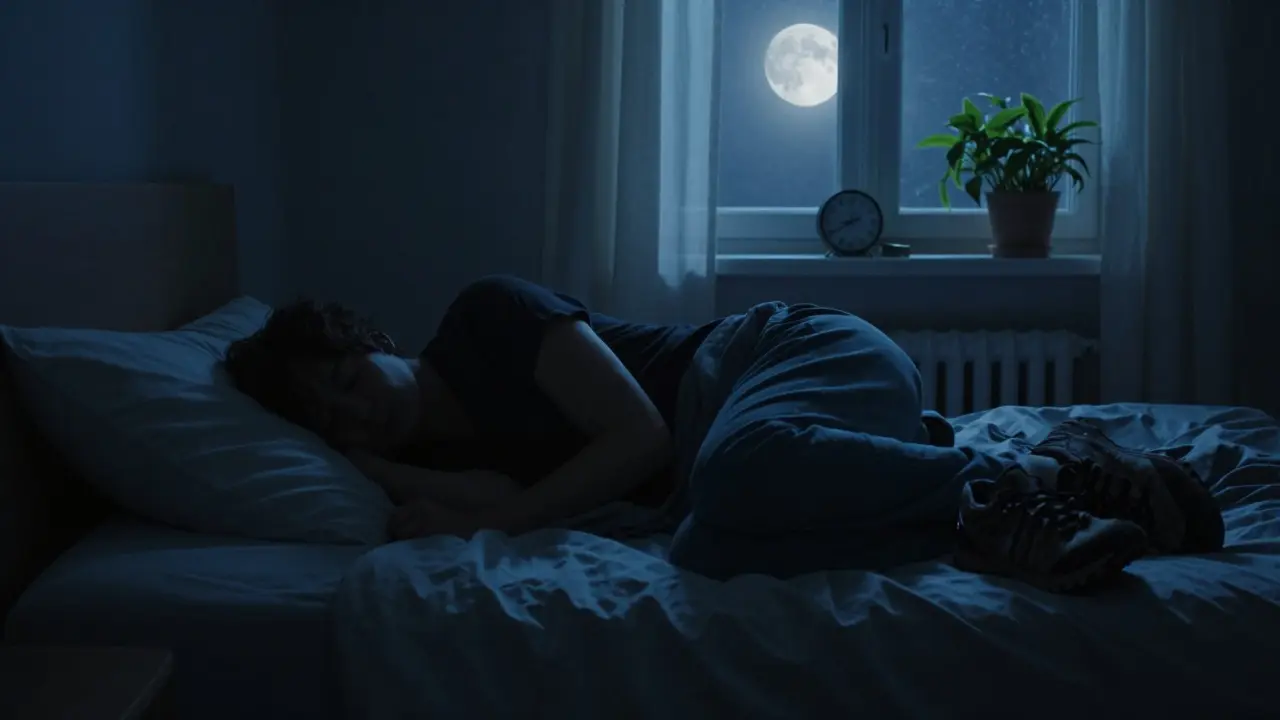 Eine Person schläft in einem dunklen, elektronikfreien Zimmer bei Mondlicht.