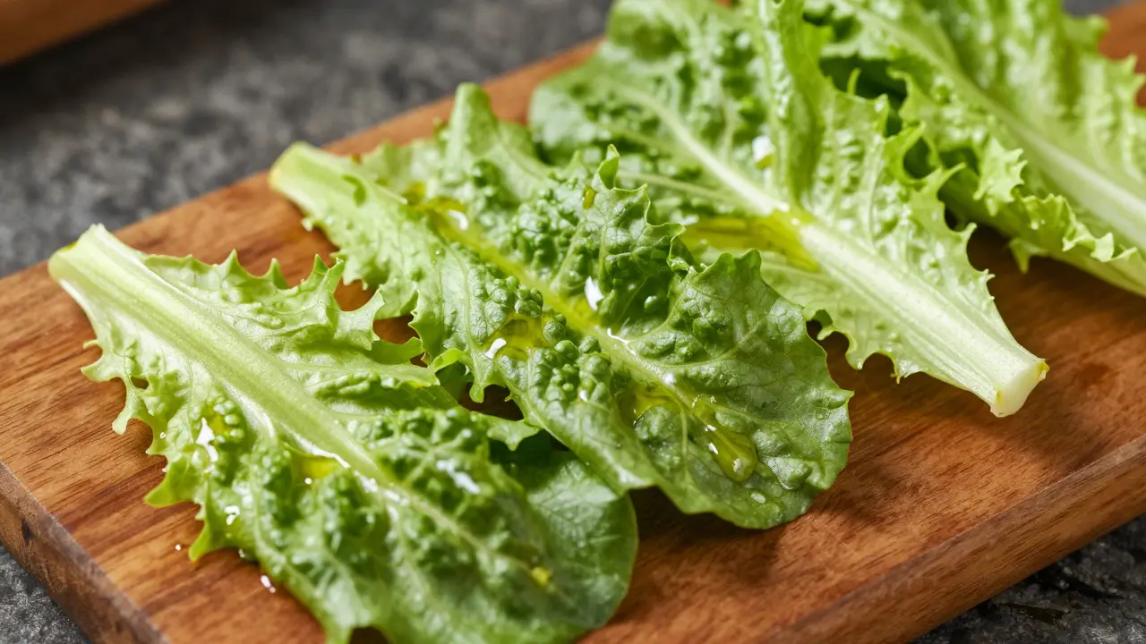 Einzelne Salatblätter mit Dressing zeigen keine Quetschspuren.