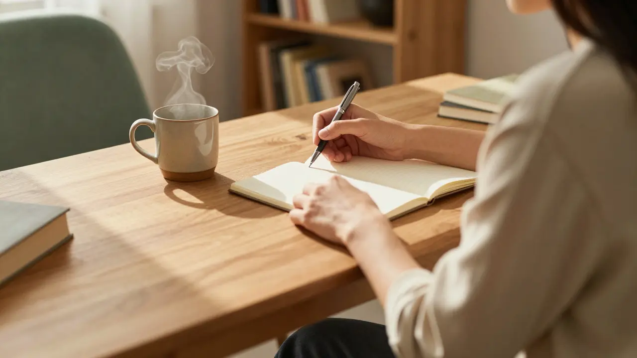 Entspannte Person plant mit Stift bei hellem Tageslicht.