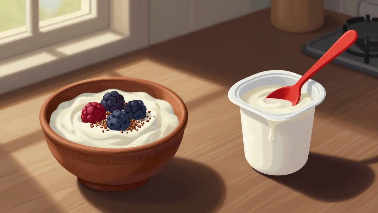 Frühstückstisch mit natürlichem Joghurt und Beeren neben einem zuckerhaltigen Joghurtbecher, Sonnenlicht und Schatten als Kontrast.